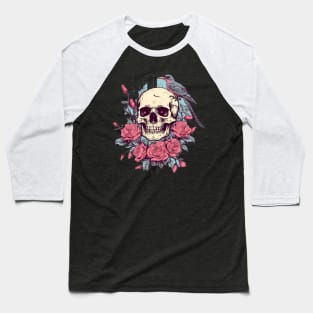 Floral Skull and Birds Baseball T-Shirt